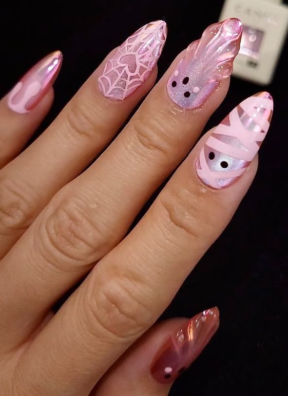 Pink Halloween Nails Chrome Mummy Ghost