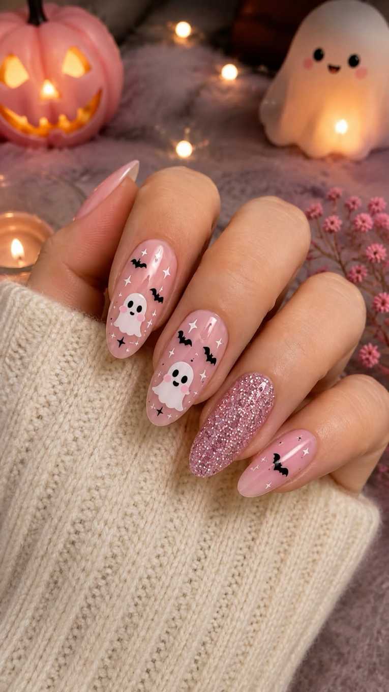Pink Halloween Nails Cute Ghostly Blush