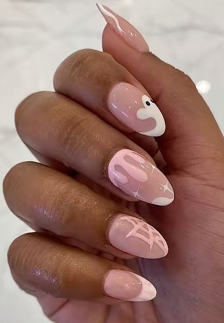 Pink Halloween Nails Drip Ghost Web
