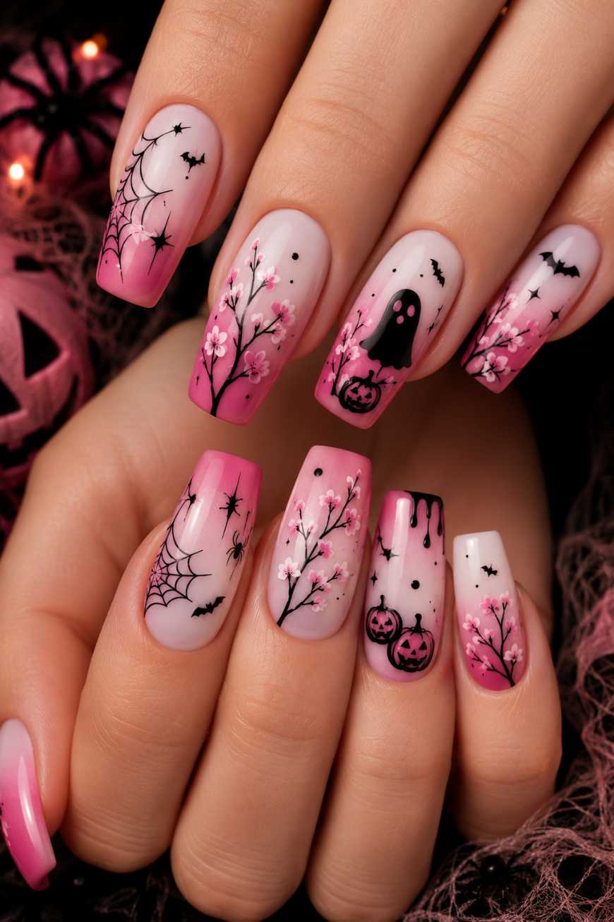 Pink Halloween Nails Floral Ghost Bats