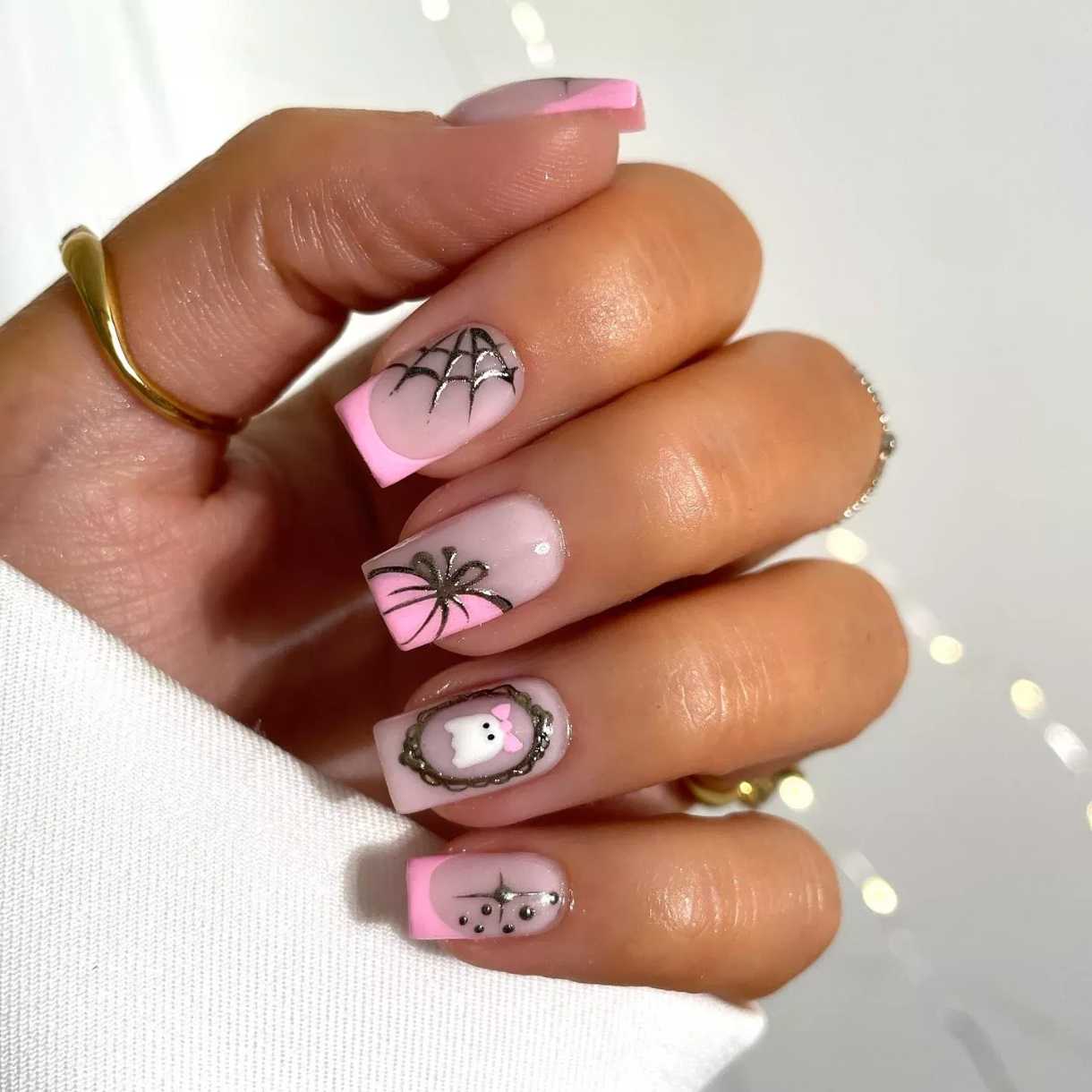 Pink Halloween Nails Framed Ghost Spider
