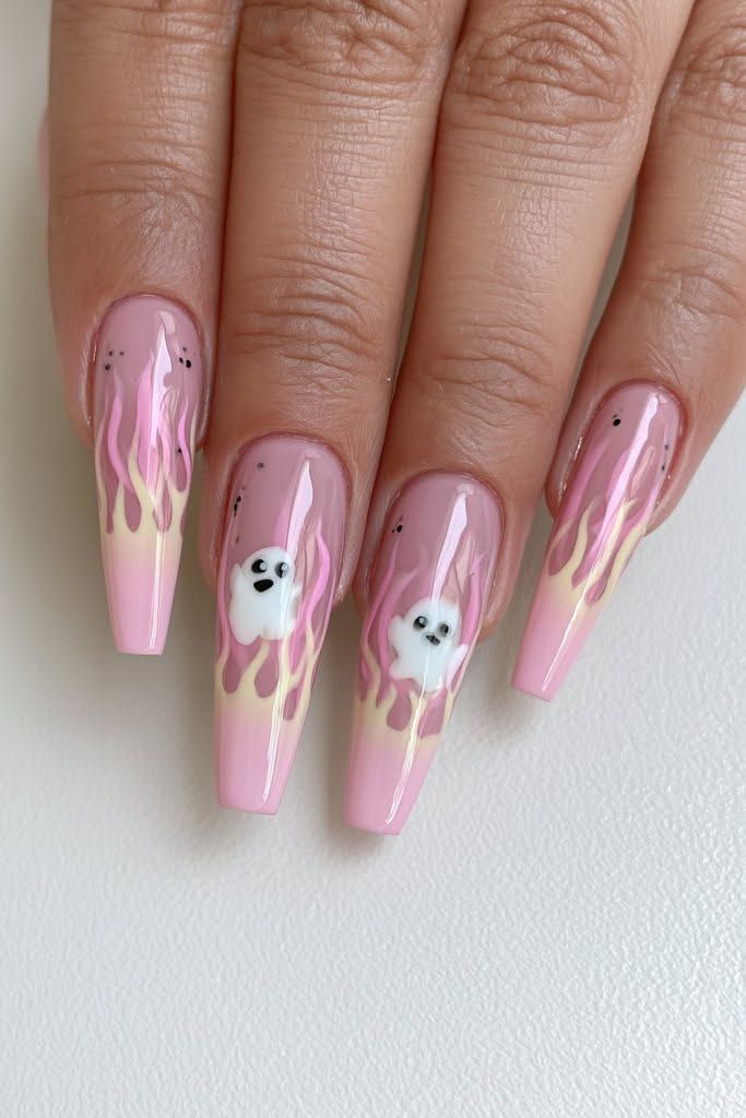 Pink Halloween Nails Ghost Flames
