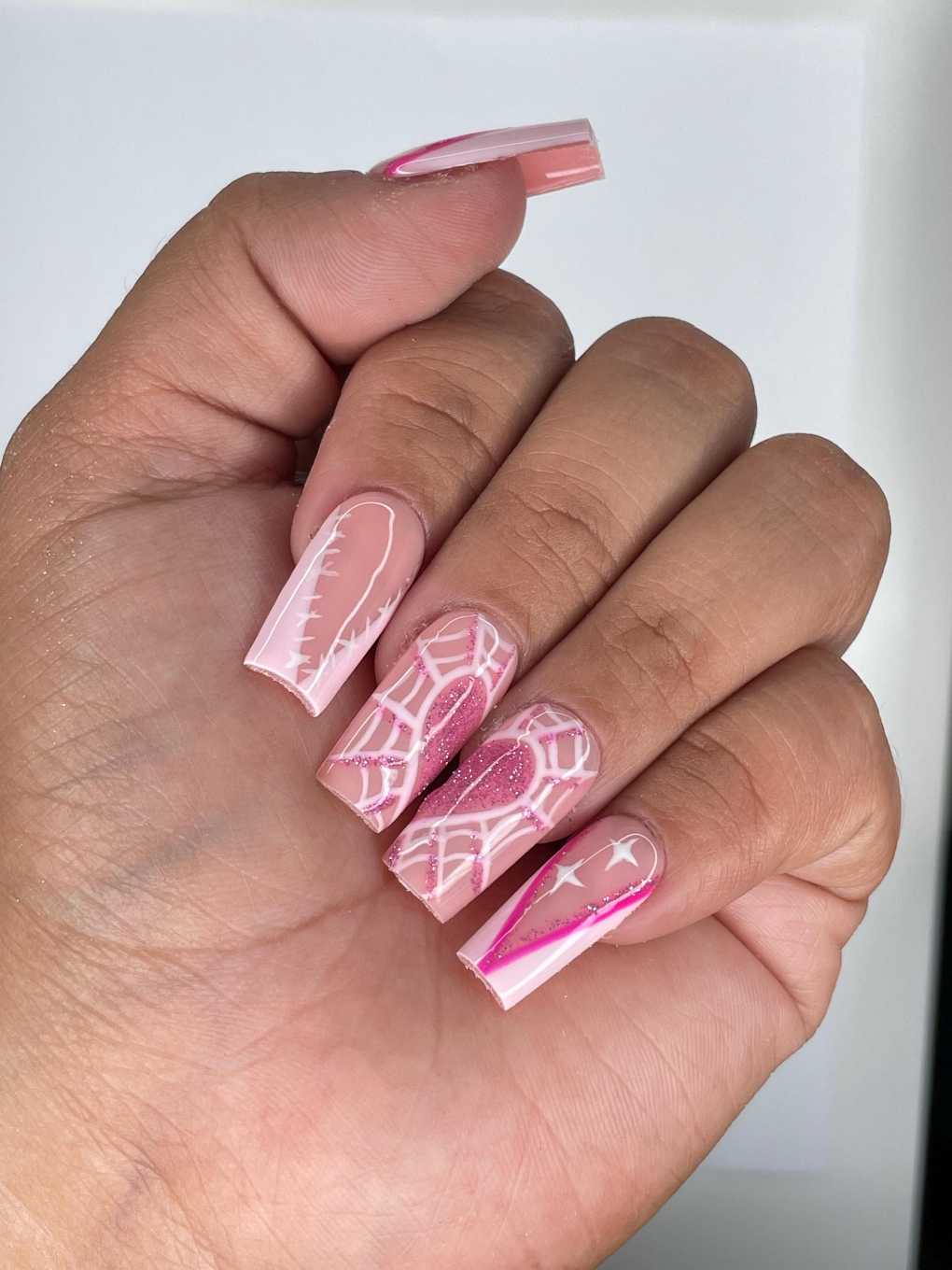 Pink Halloween Nails Glam Spiderweb Heart