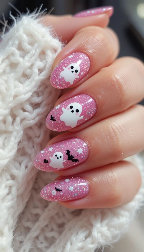 Pink Halloween Nails Glitter Ghosts Bats