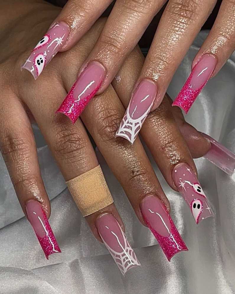 Pink Halloween Nails Hot Pink Glitter Ghosts
