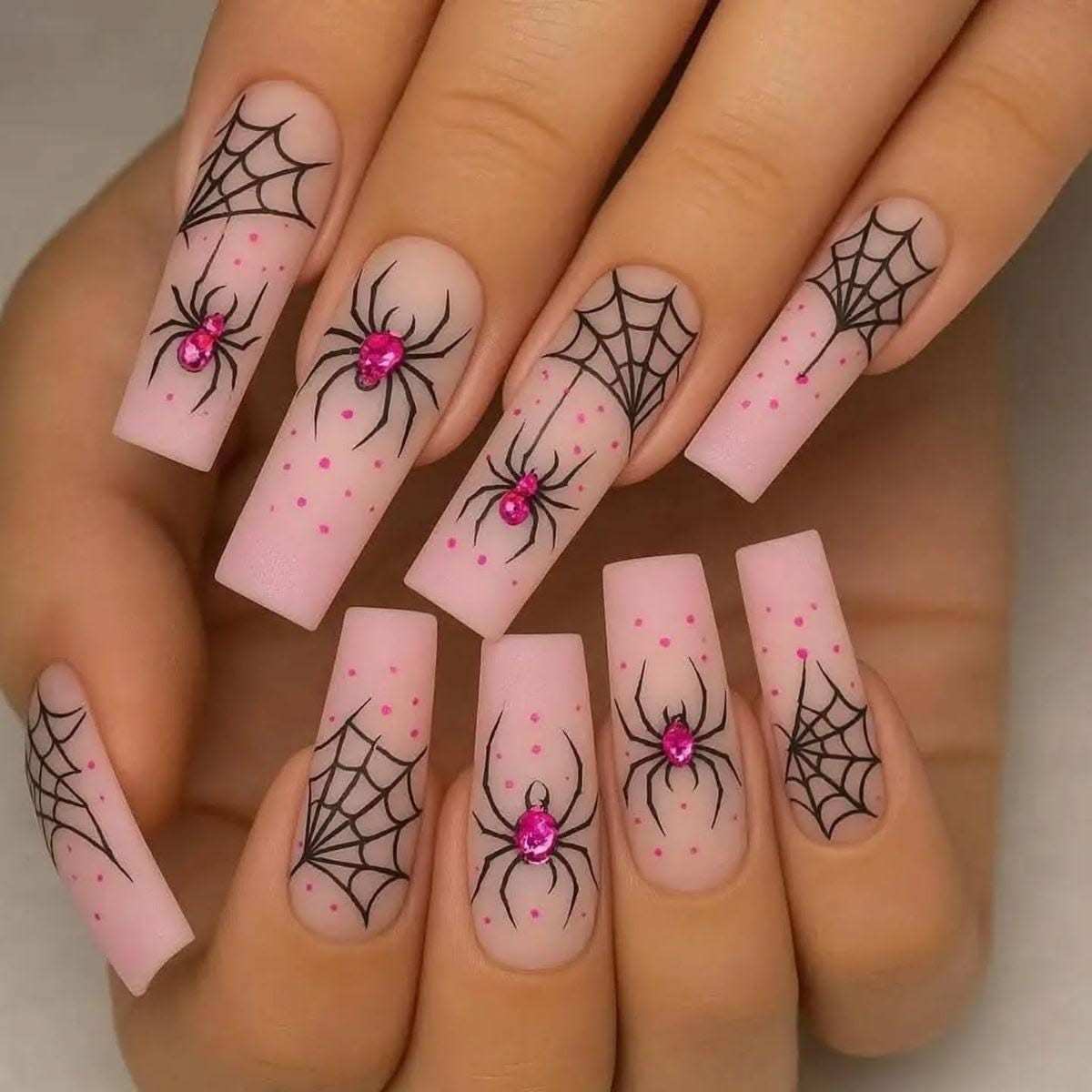 Pink Halloween Nails Matte Crystal Spiders