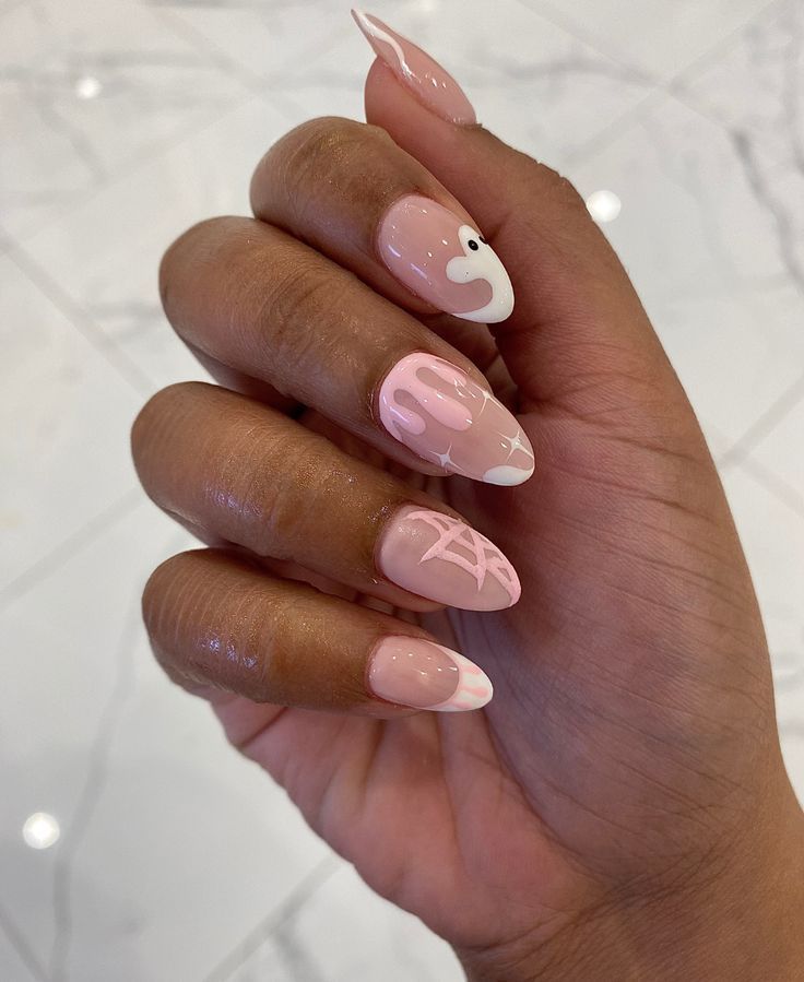 Pink Halloween Nails Nude Drips Web