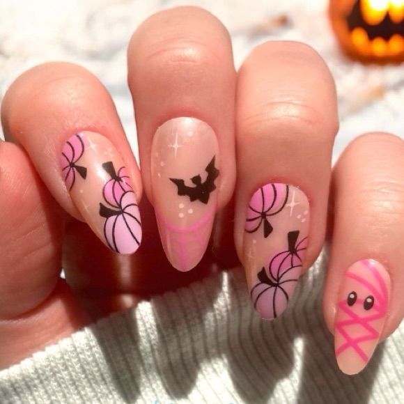 Pink Halloween Nails Pumpkins Bat Mummy