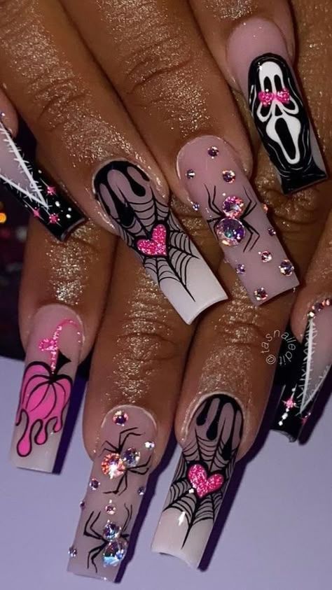 Pink Halloween Nails Scream Crystal Spider