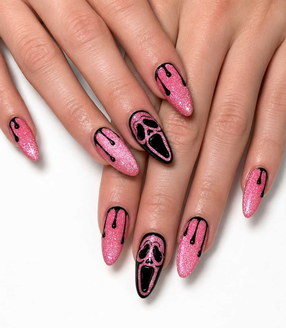 Pink Halloween Nails Scream Mask Glitter