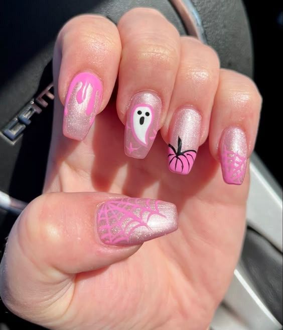 Pink Halloween Nails Shimmer Drips Ghost