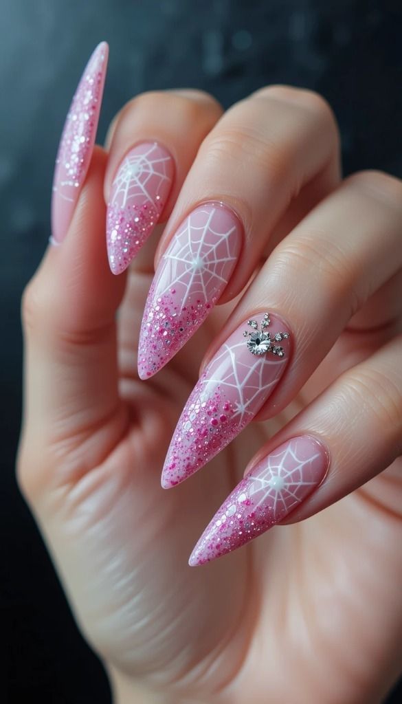 Pink Halloween Nails Stiletto Spiderwebs