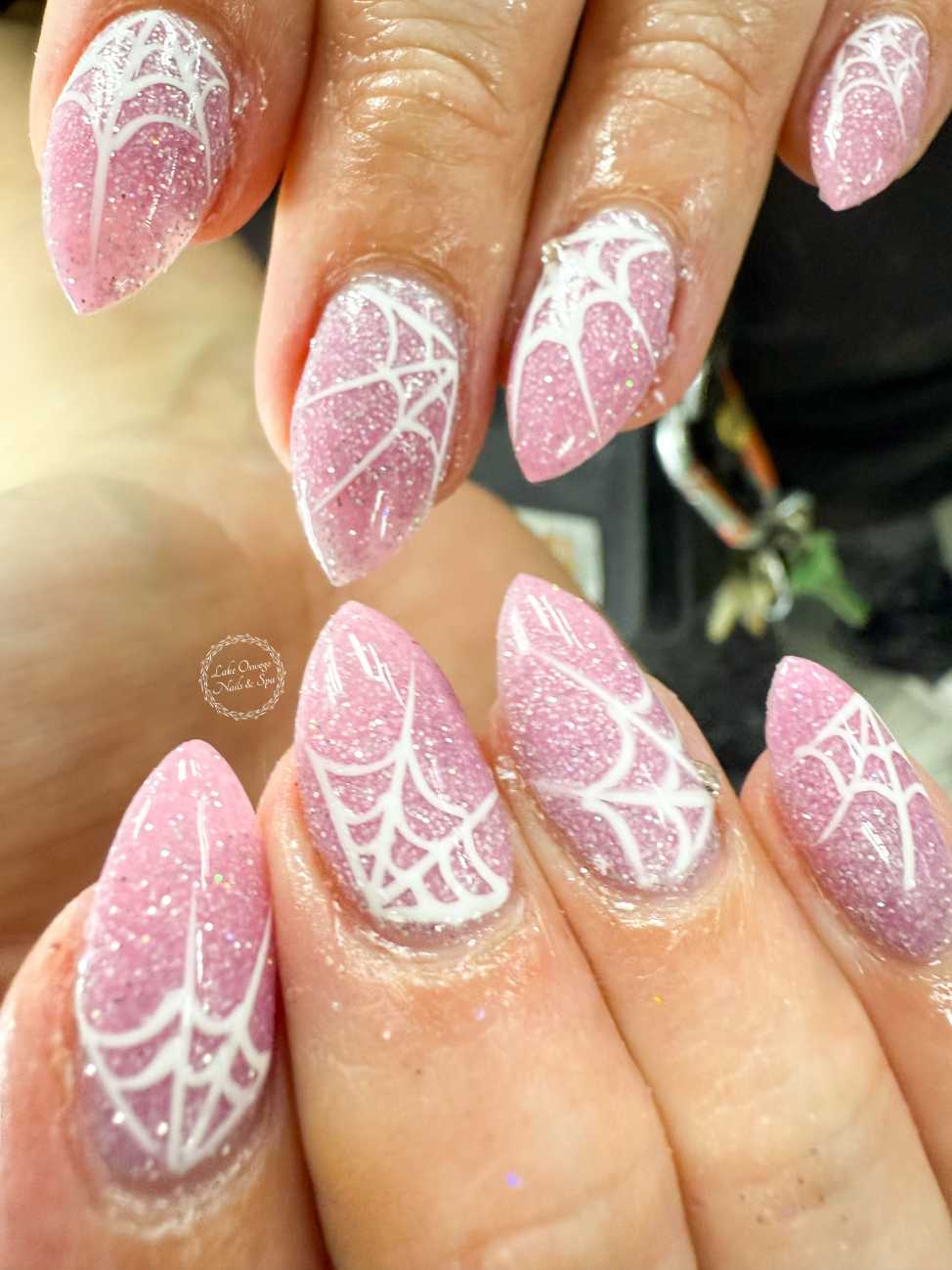 Pink Halloween Nails Sugar Glitter Spiderwebs