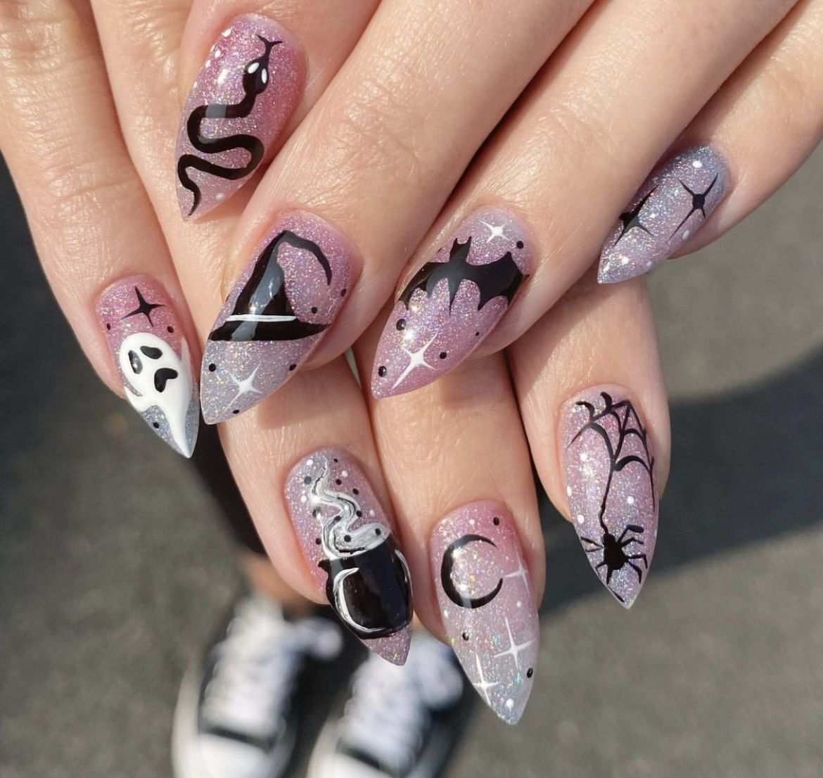 Pink Holographic Glitter Witch Cauldron Witchy Halloween Nails