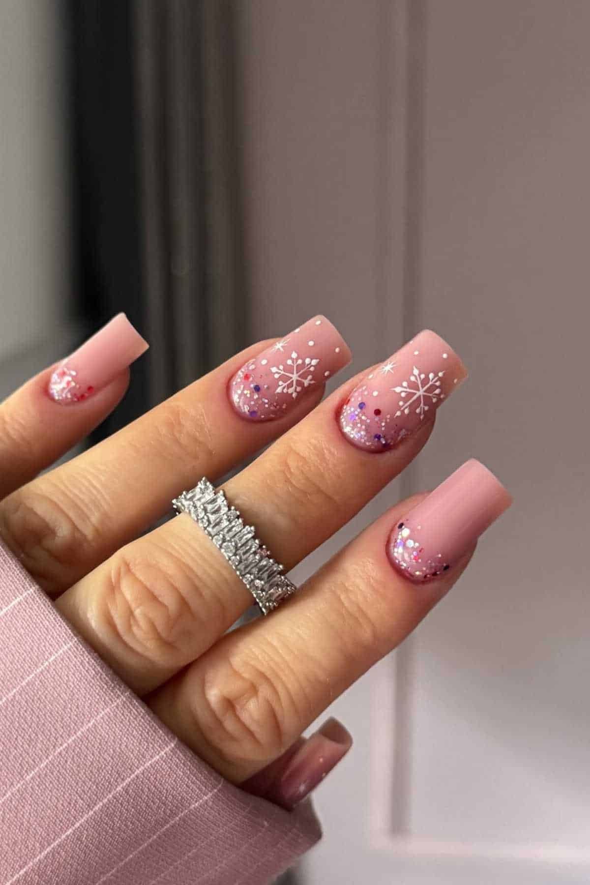 Pink Ombre Snowflake Nails