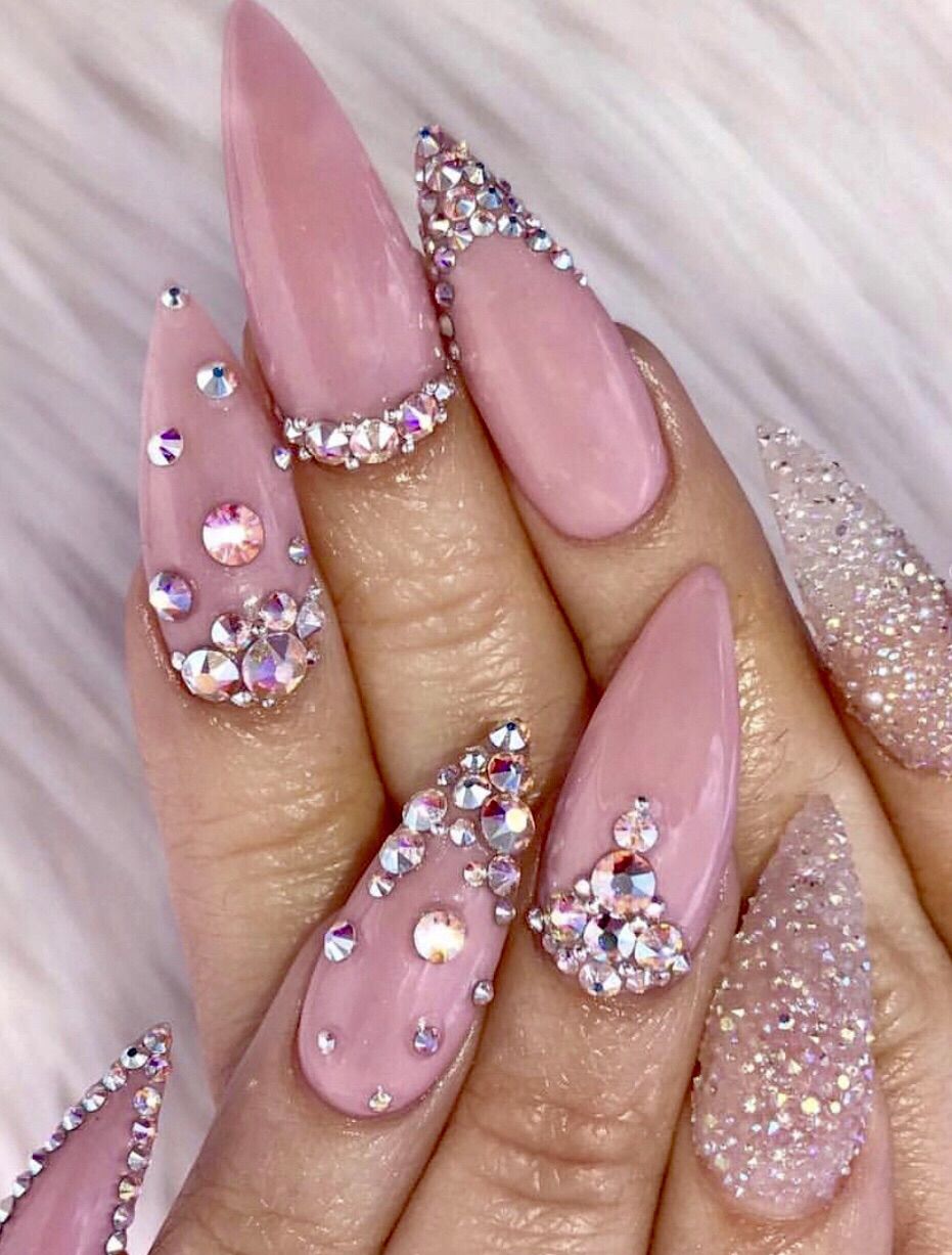 Medium oval soft pink pearl rhinestone nails with gloss finish for bridal showers.