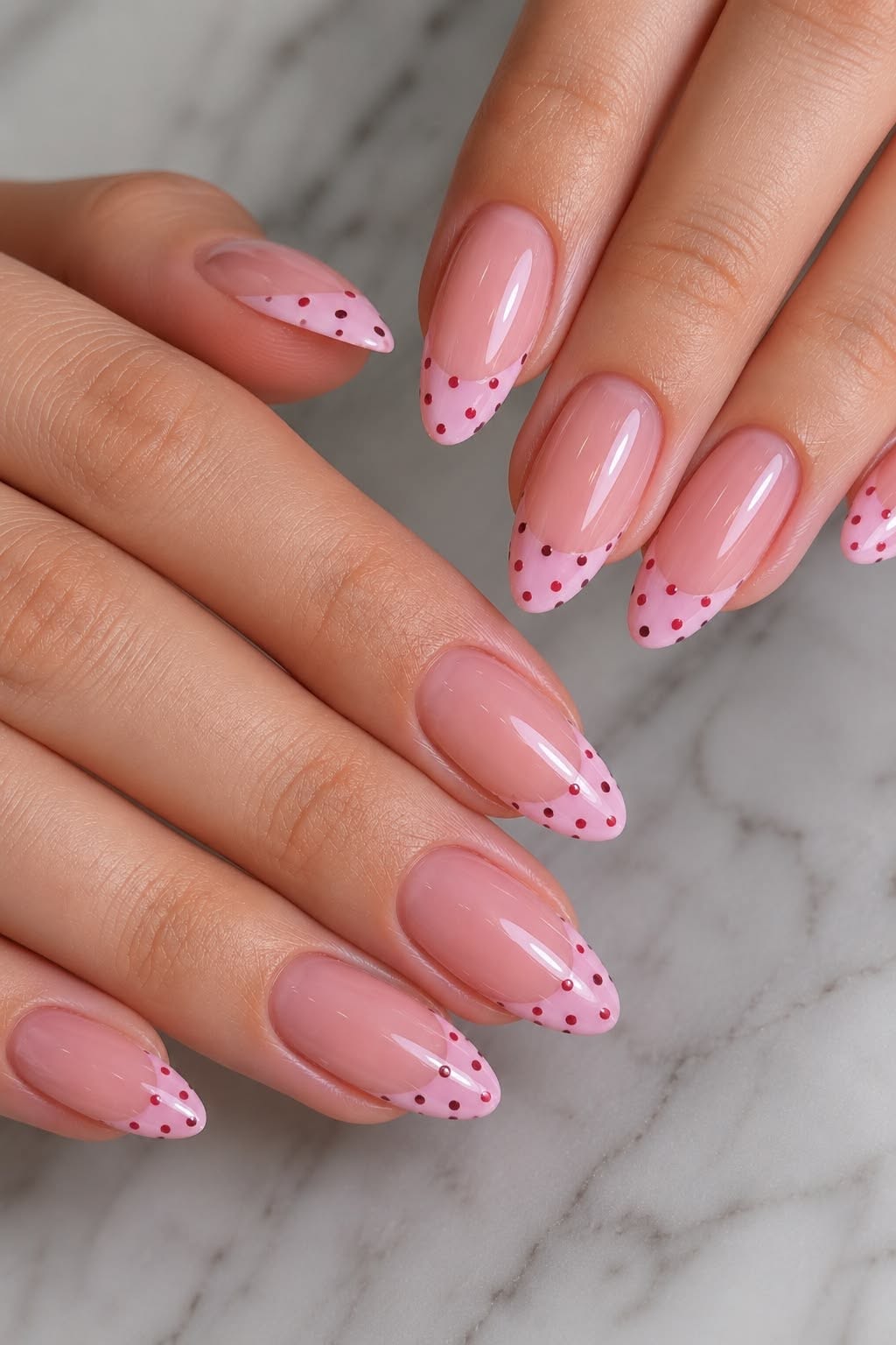 Pink Polka Dot French Tip Almond Nails
