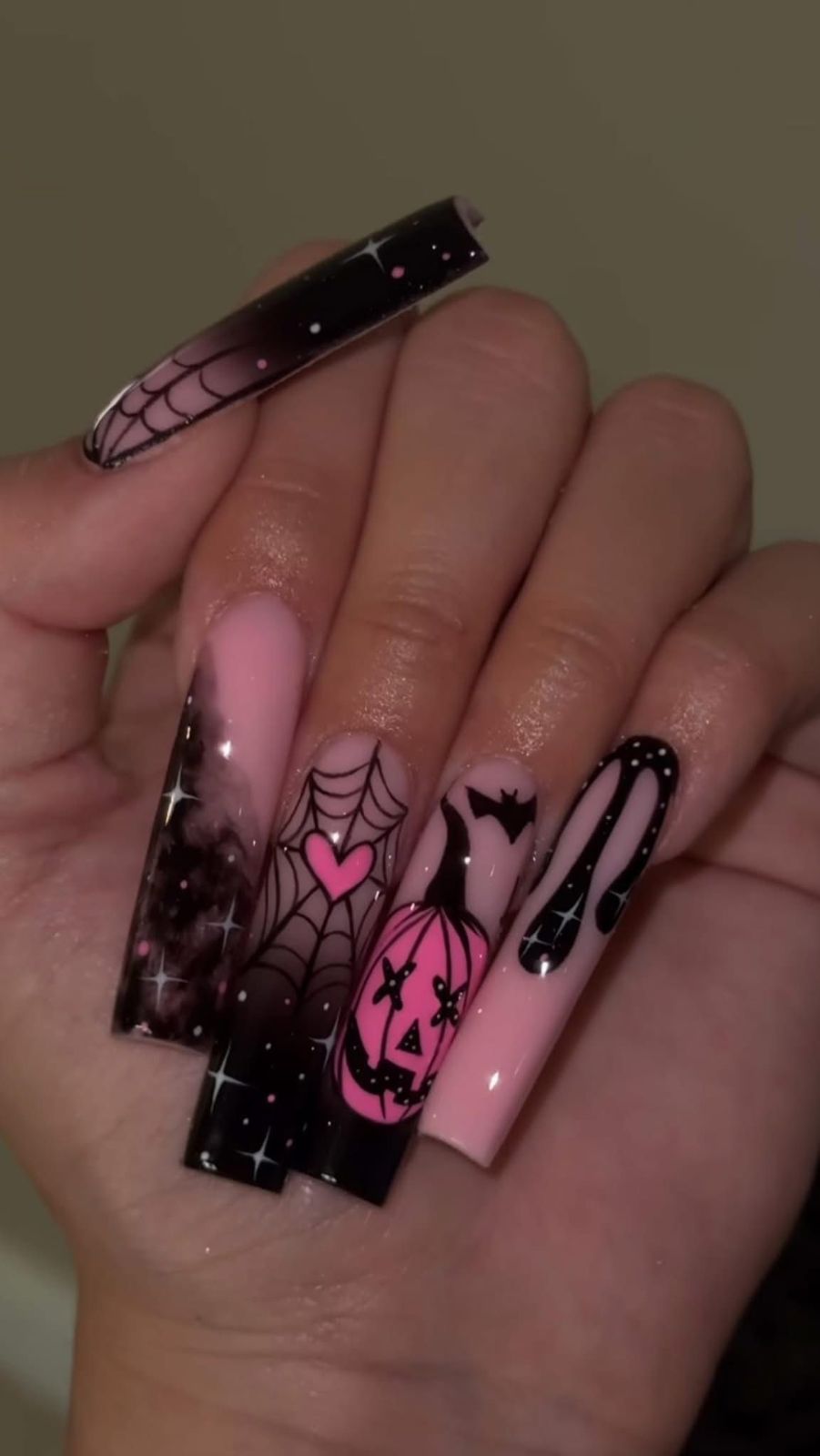 Pink Pumpkin And Black Drip Long Square Halloween Nails