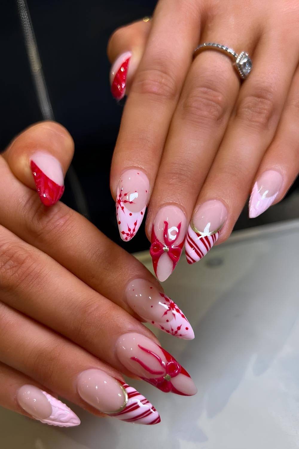 Pink Red Bow Candy Cane Nails