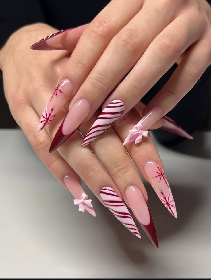Pink Red Glitter Bow Stiletto Nails
