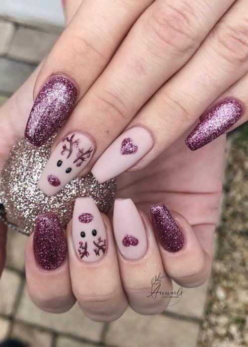 Pink Reindeer Glitter Nails