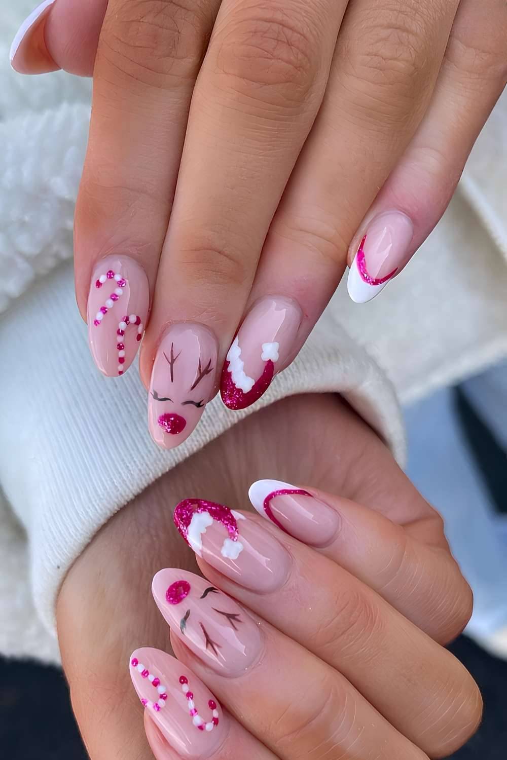 Pink Rudolph Santa Mix Nails