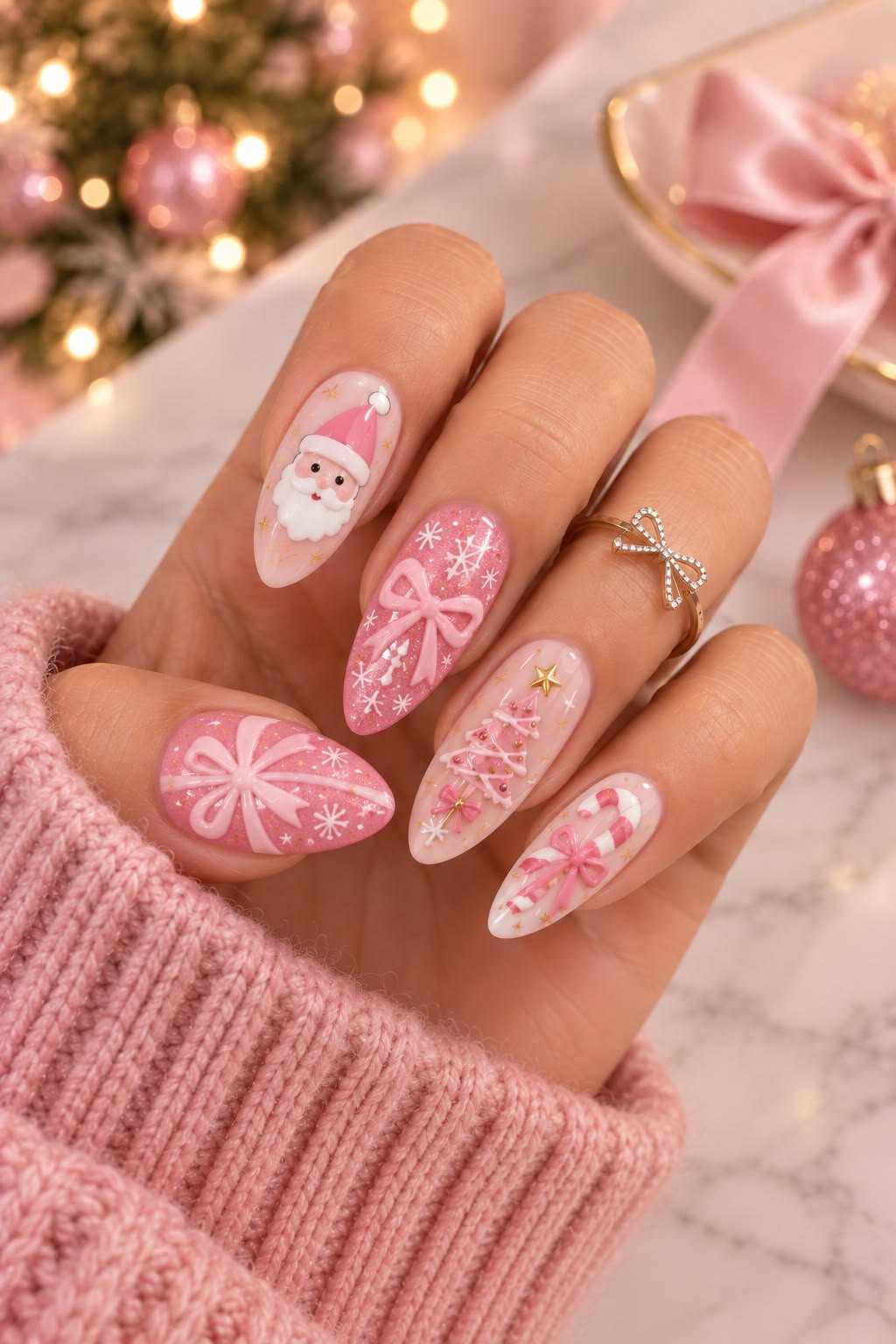 Pink Santa Bow Cute Nails