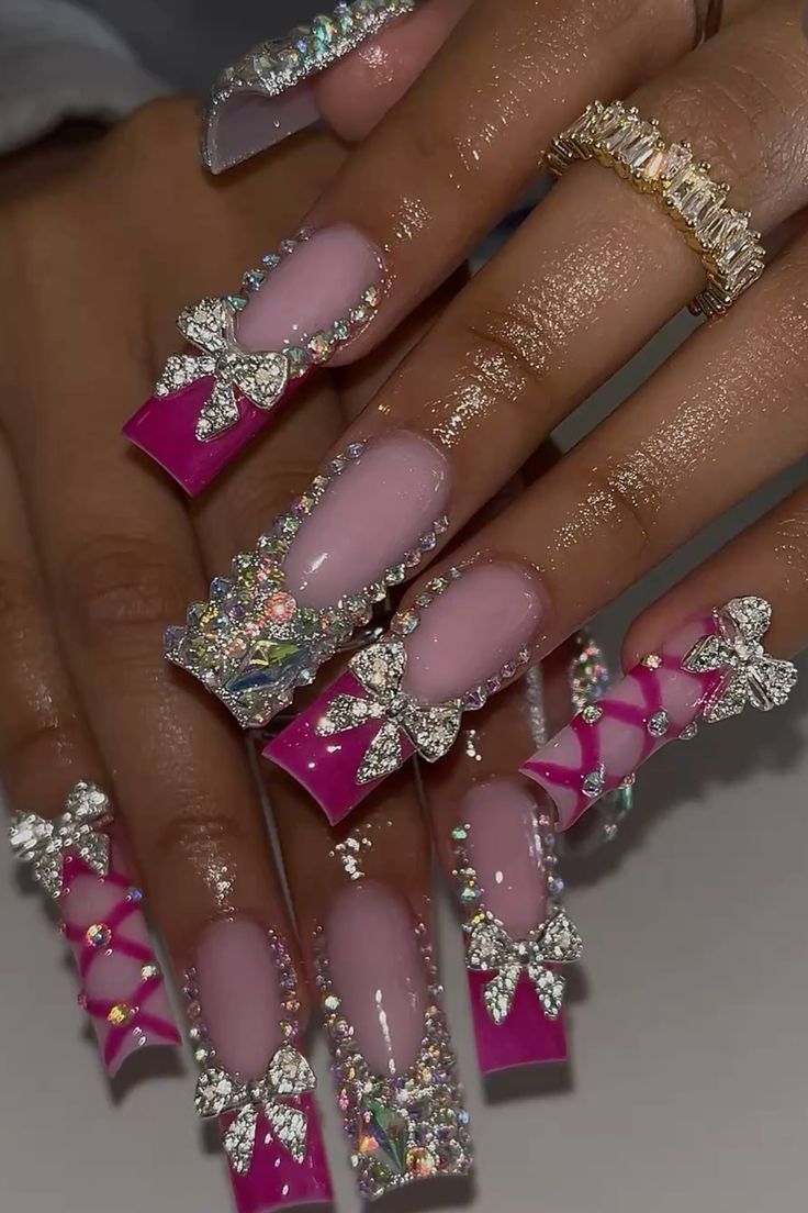 Medium coffin pastel pink silver rhinestone nails with glossy gel finish for bachelorette parties.