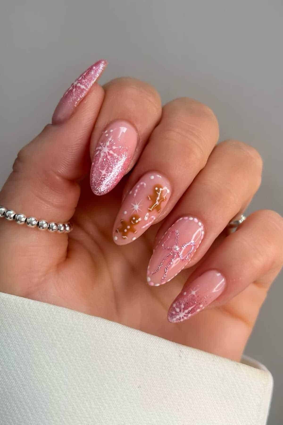 Pink Snowflake Holiday Almond Nails