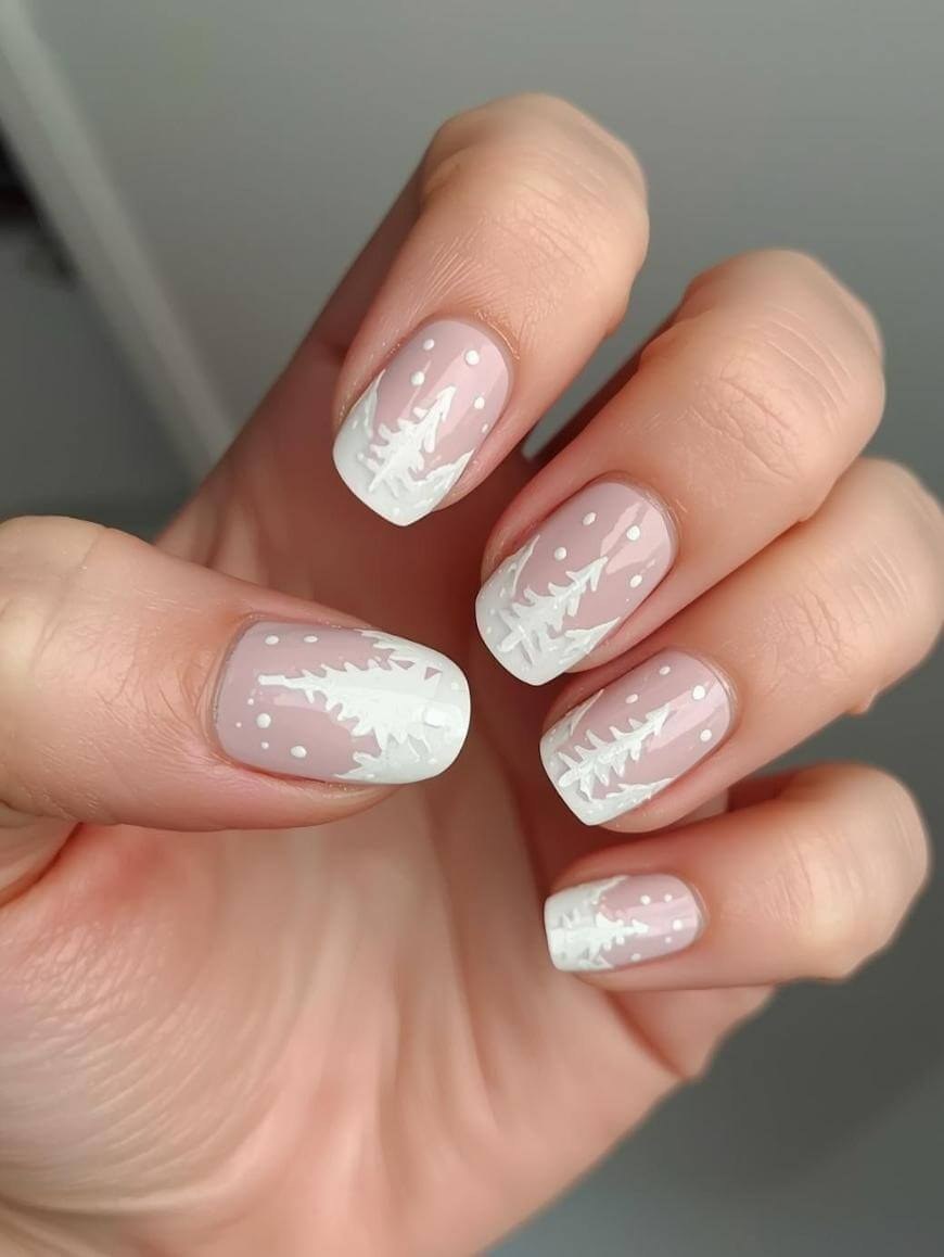 Pink Snowy Pine Winter Nails