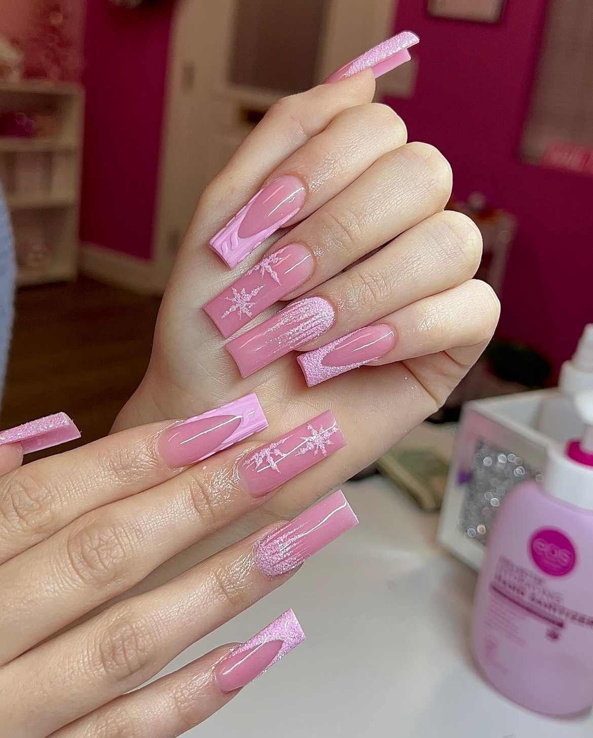 Pink Square Snowflake Nails