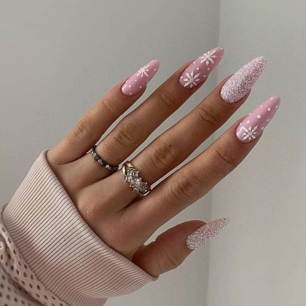 Pink Stiletto Snowflake Glitter Nails