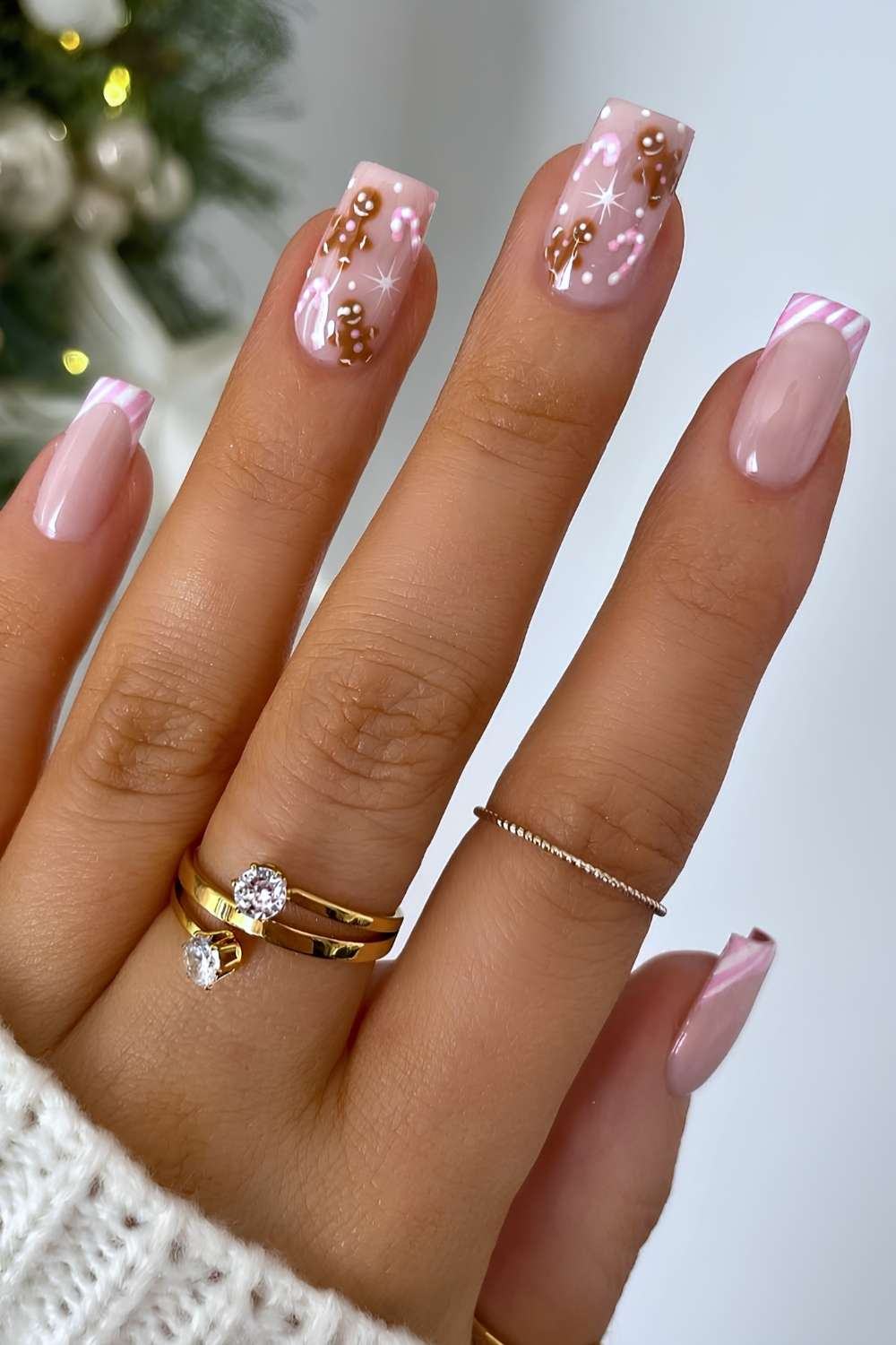 Pink Striped French Gingerbread Nails