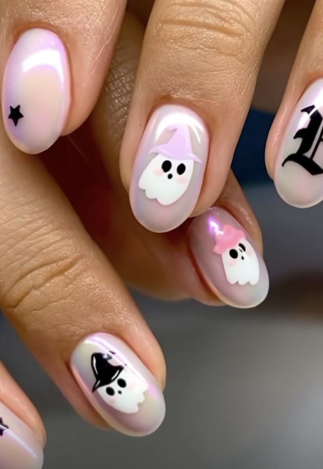 Pink Witchy Ghosts Nails