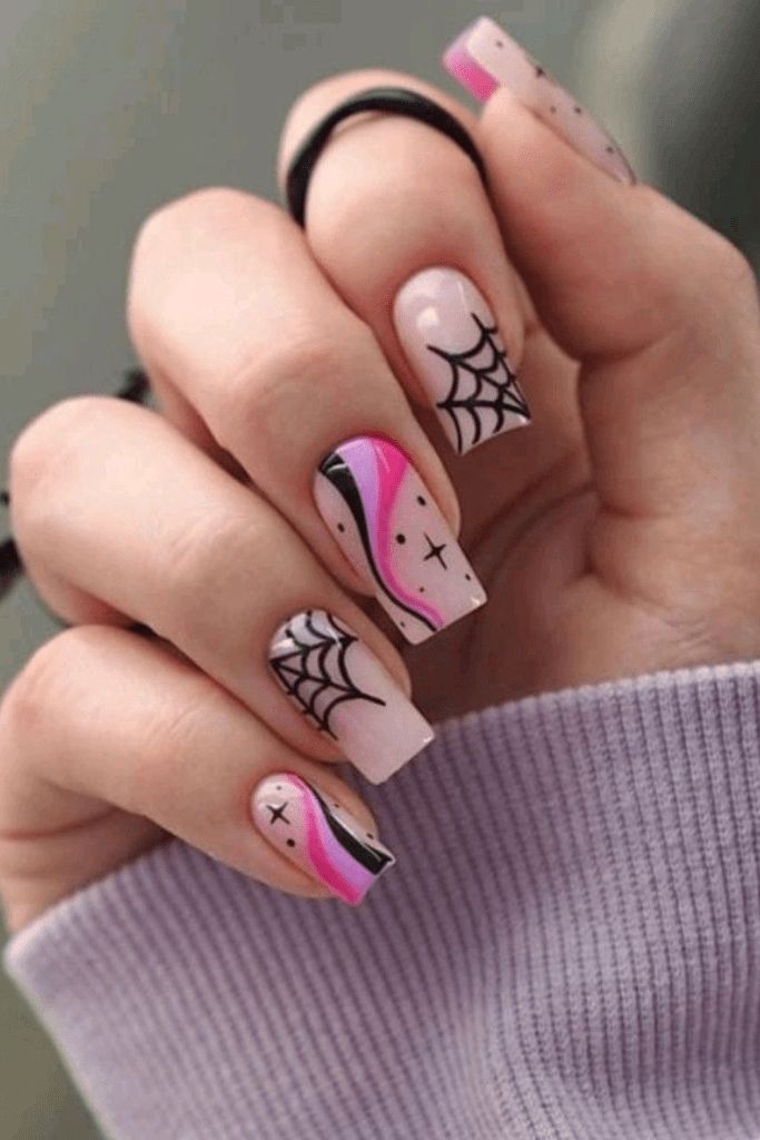 Pink And Black Spiderweb Retro Swirl Square Halloween Nails