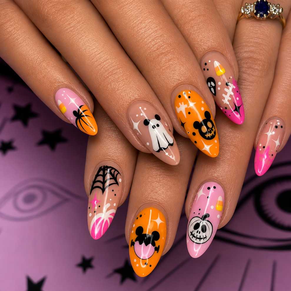 Pink And Orange Disney Mickey Pumpkin Almond Halloween Nails