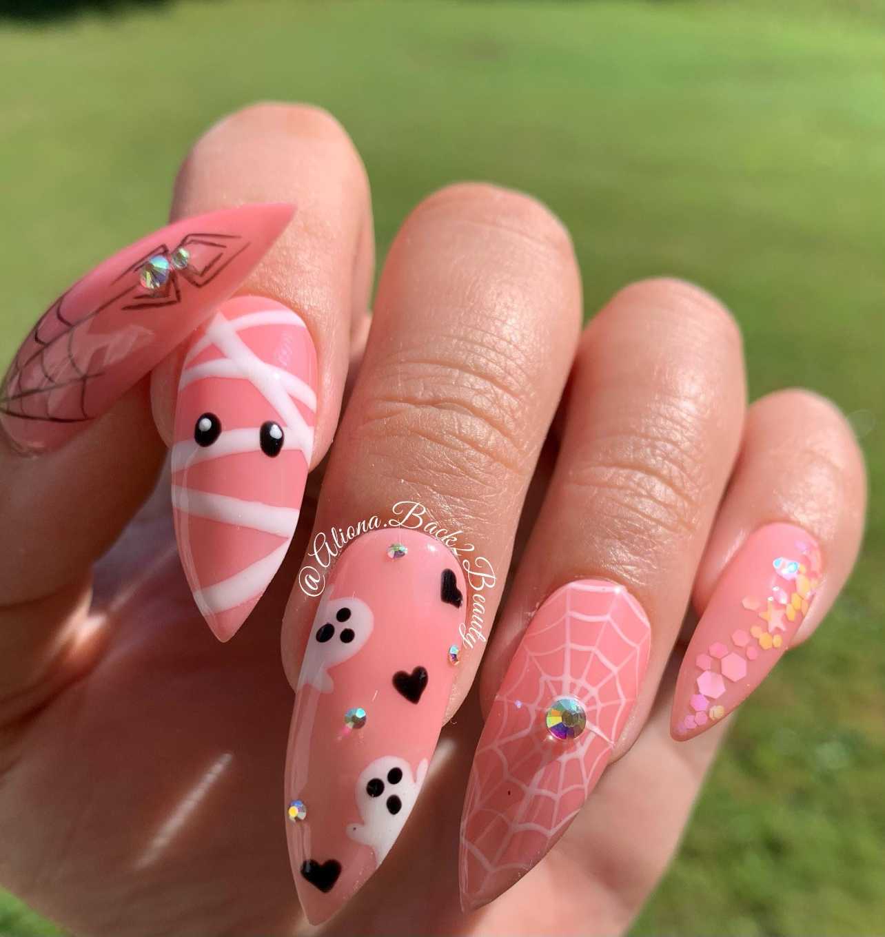 Pink Mummy And Ghost Rhinestone Stiletto Halloween Nails