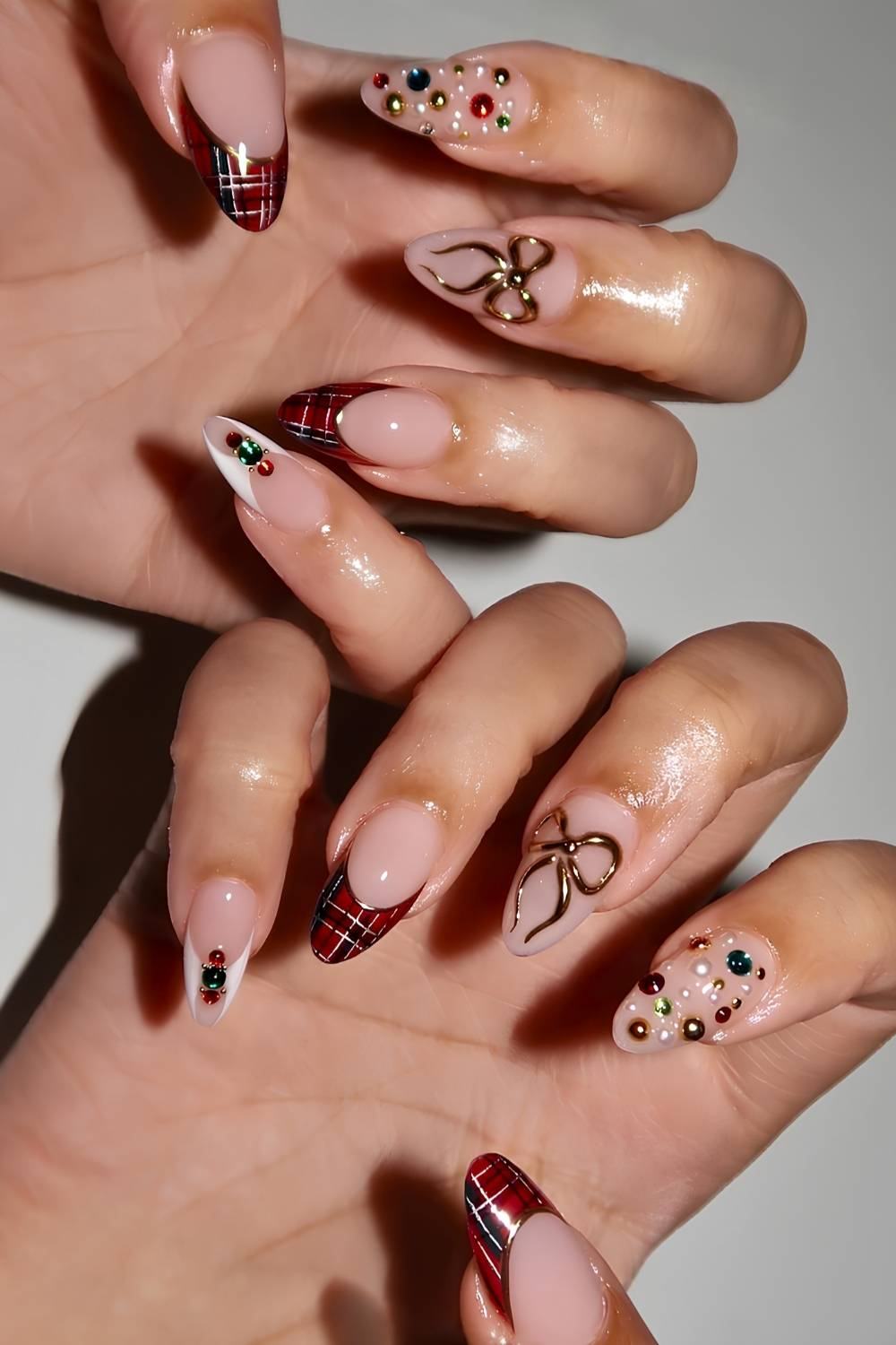 Plaid French Bow Christmas Nails