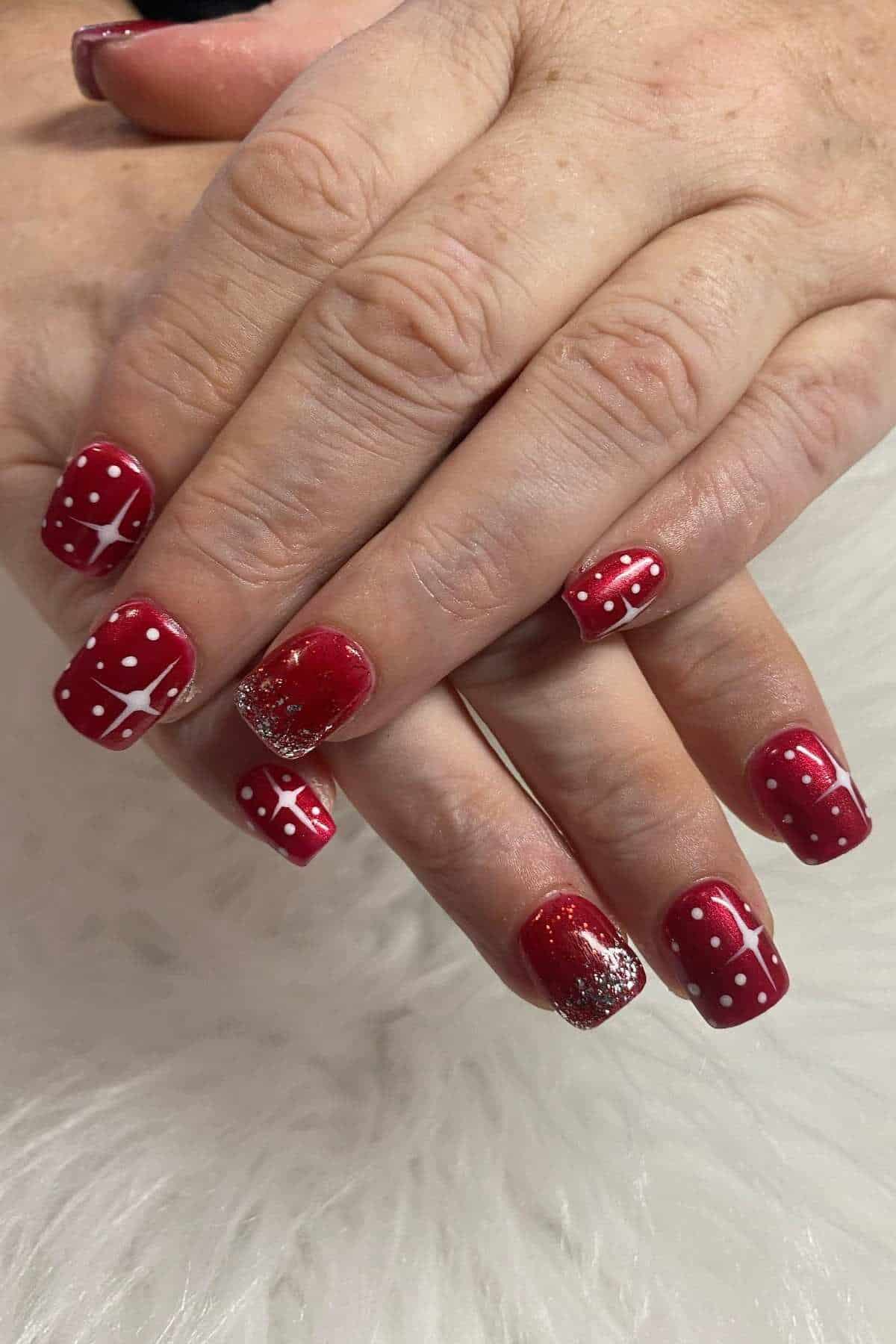 Polka Dot Silver Glitter Red Nails