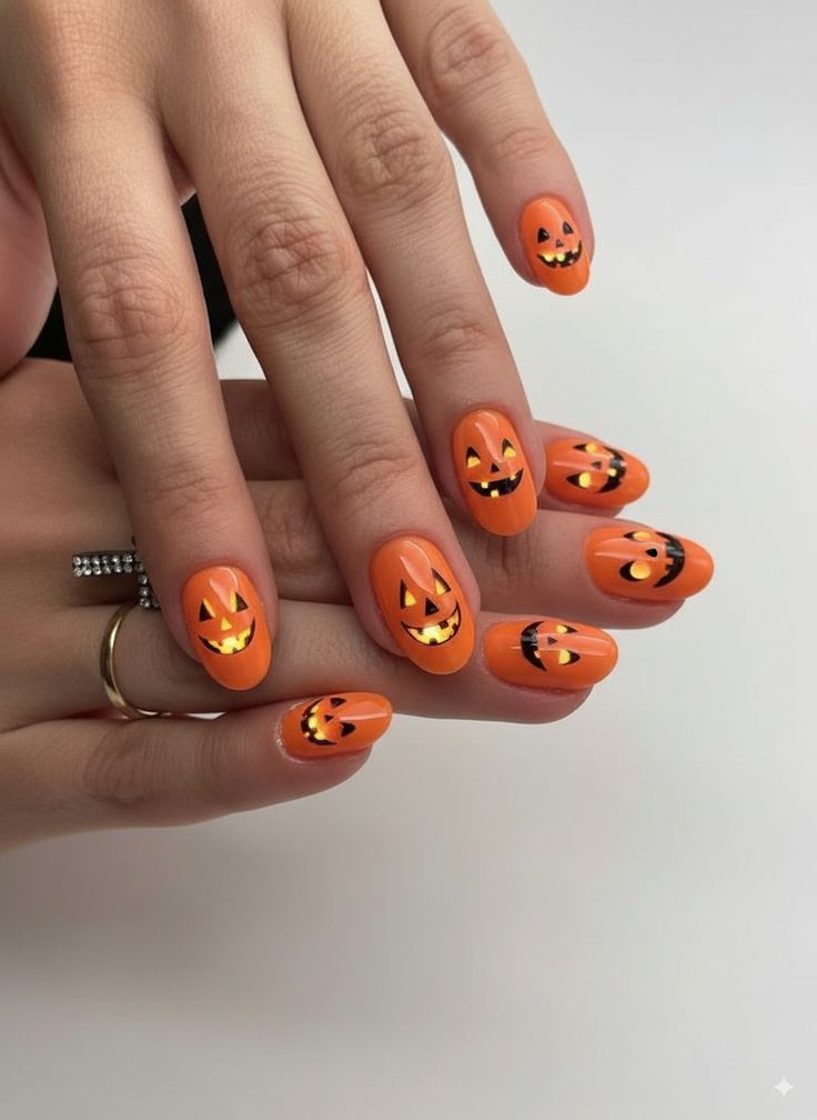 Oval shaped glowing neon orange and yellow ombre pumpkin nails for Halloween night.