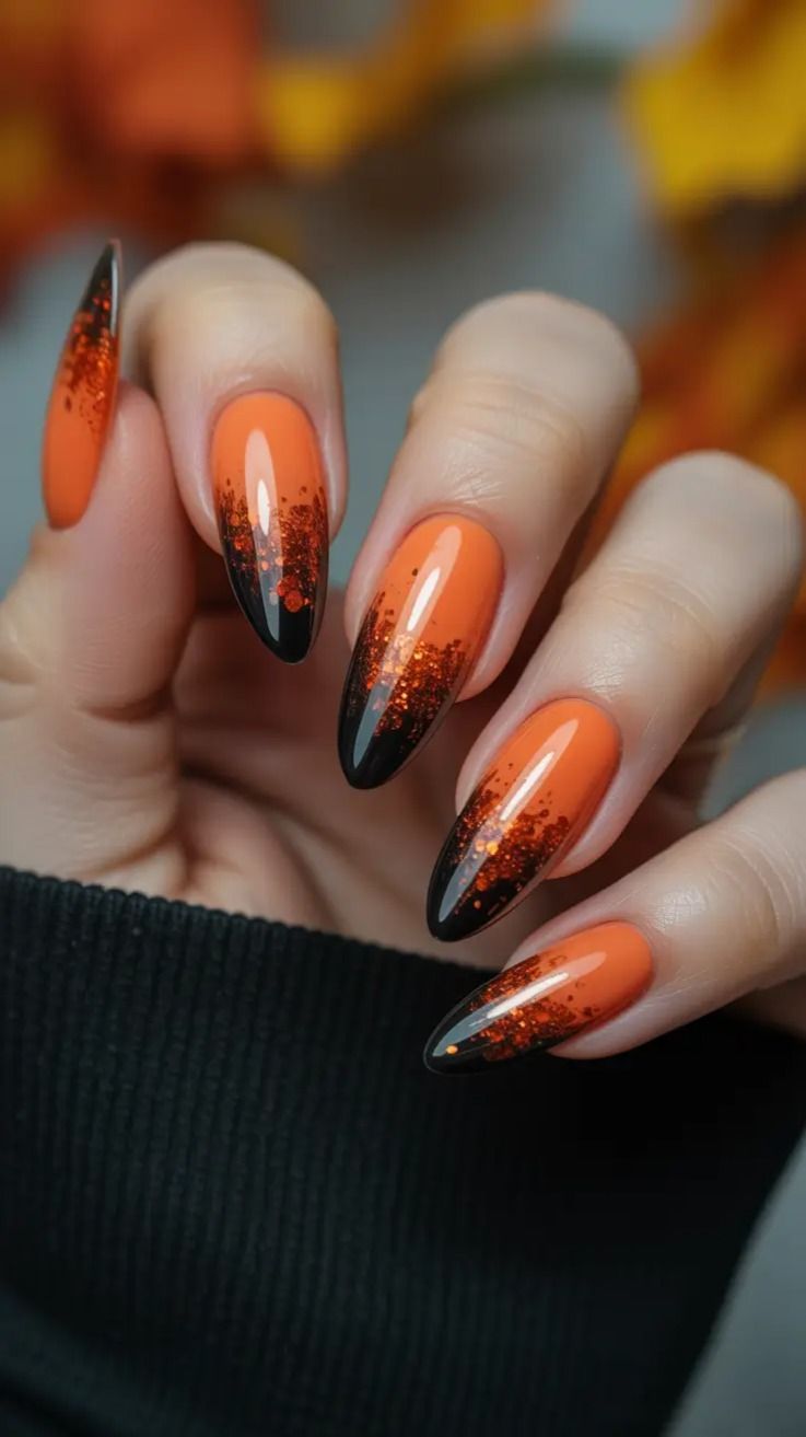 Pumpkin Orange And Black Glitter Ombre Halloween Almond Nails