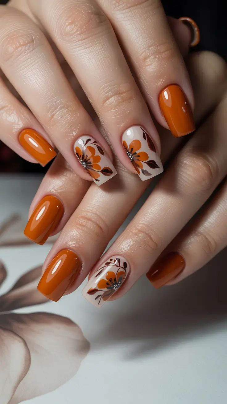 Pumpkin Orange Square Nails With Autumn Floral Blossom Art
