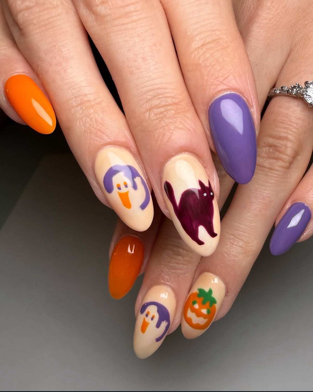 Purple And Orange Ghost Cat Halloween Nails