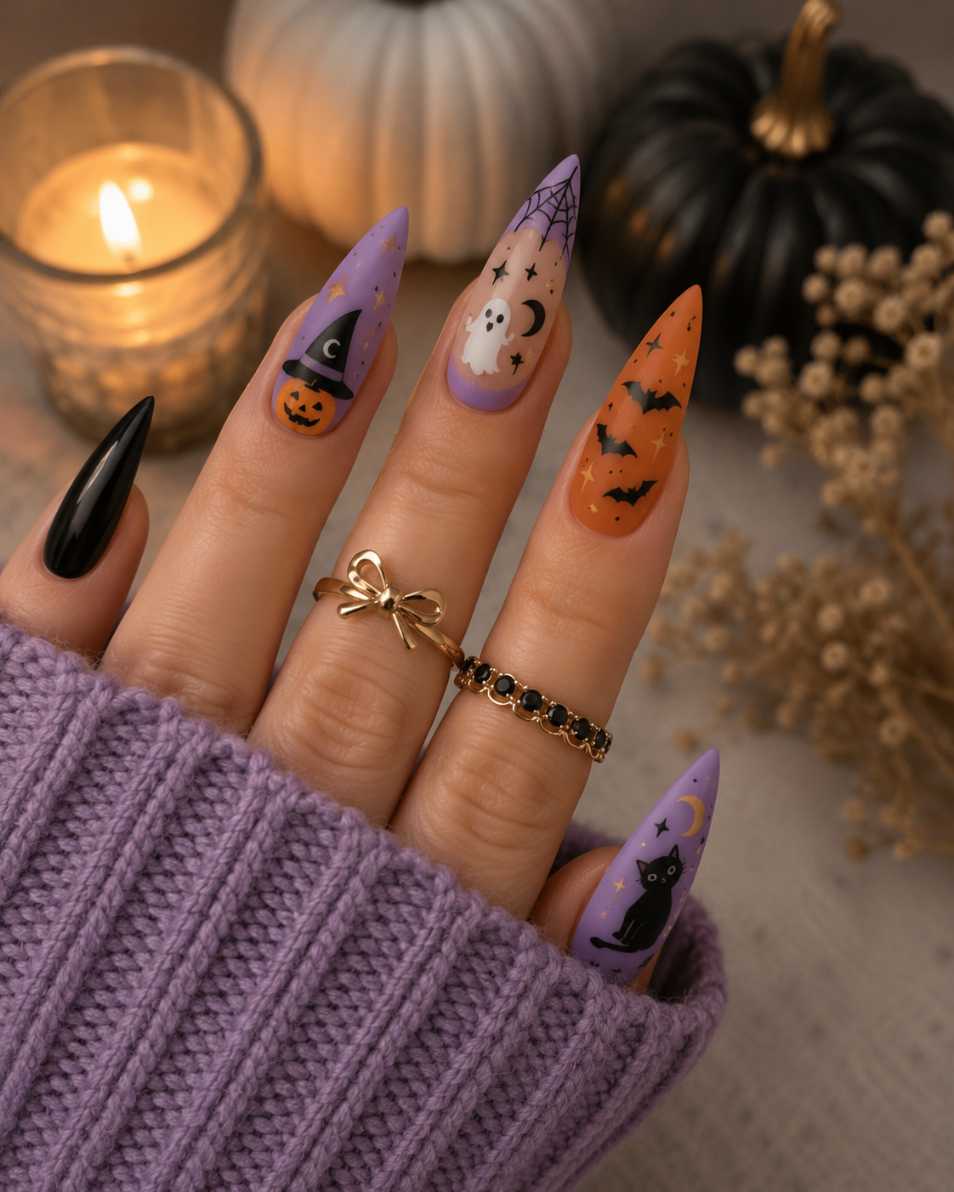 Purple And Orange Witch Hat Cat Witchy Halloween Nails