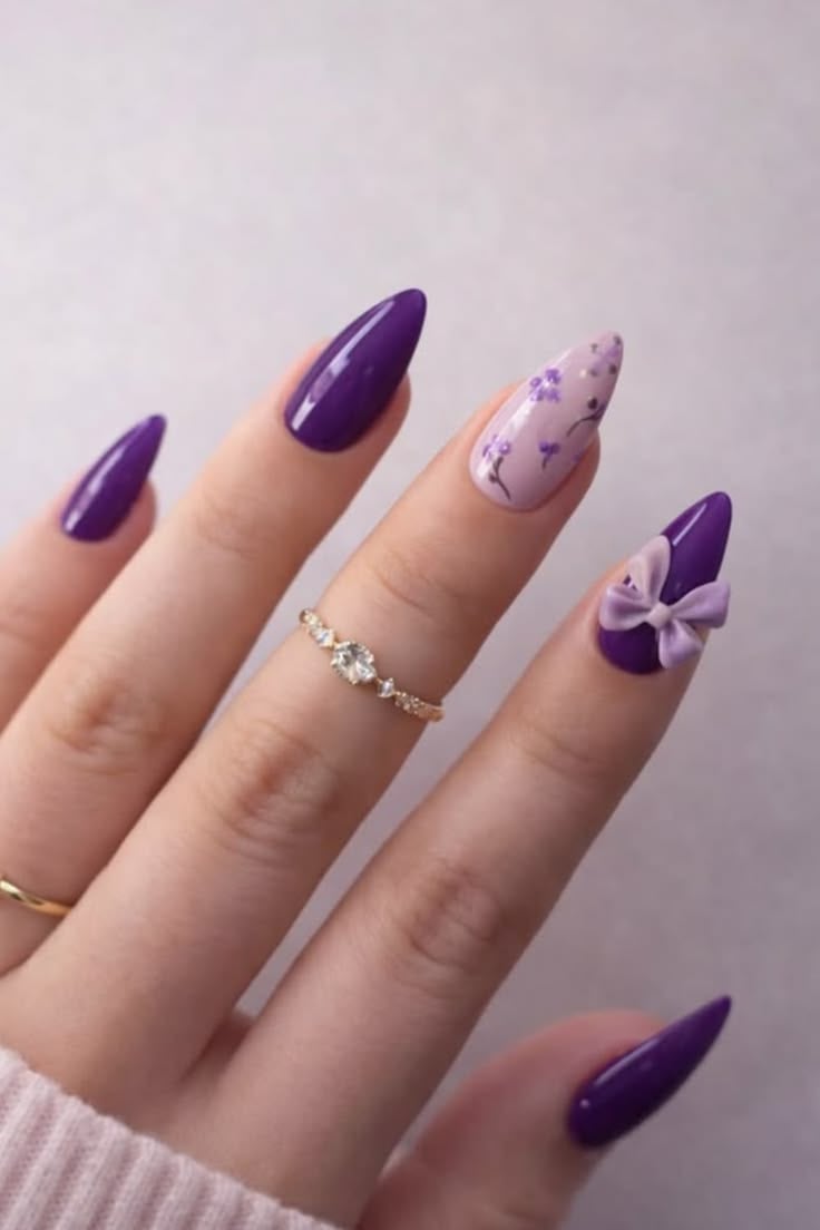 Purple Bow Accent Nails