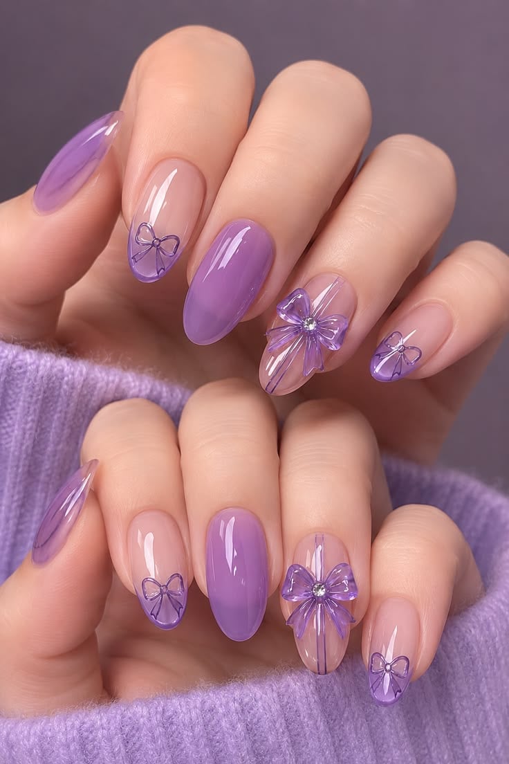 Purple Bow Almond Nails