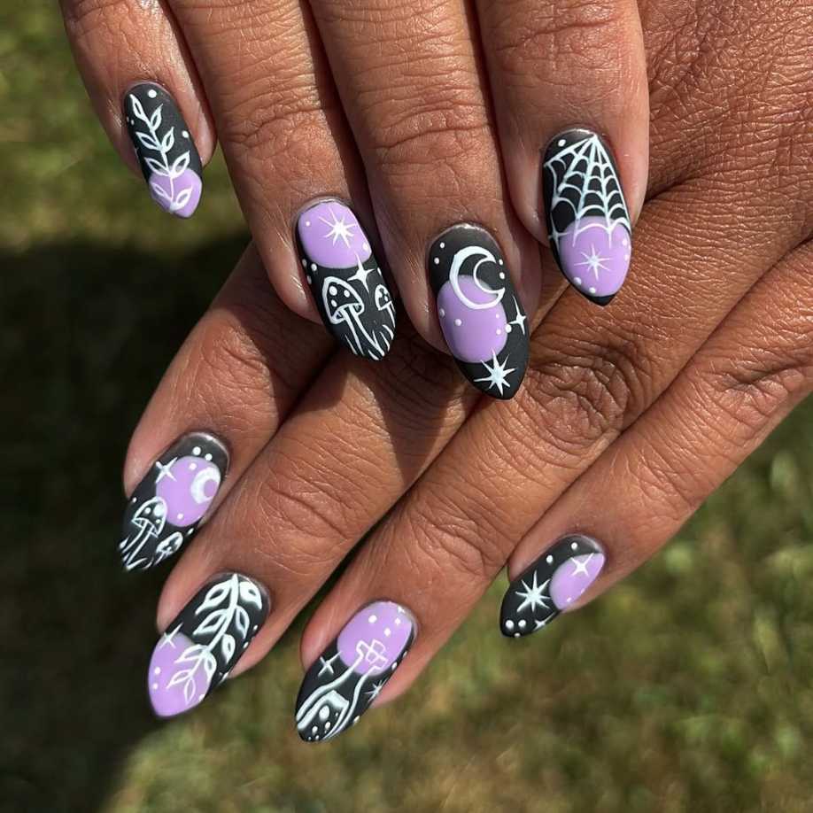 Purple Celestial Mushroom And Potion Witchy Halloween Nails