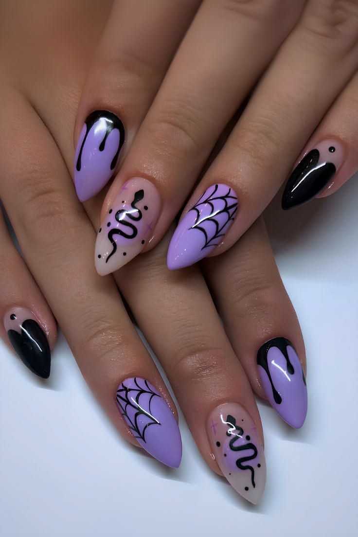 Purple Drip Spiderweb And Snake Witchy Halloween Nails