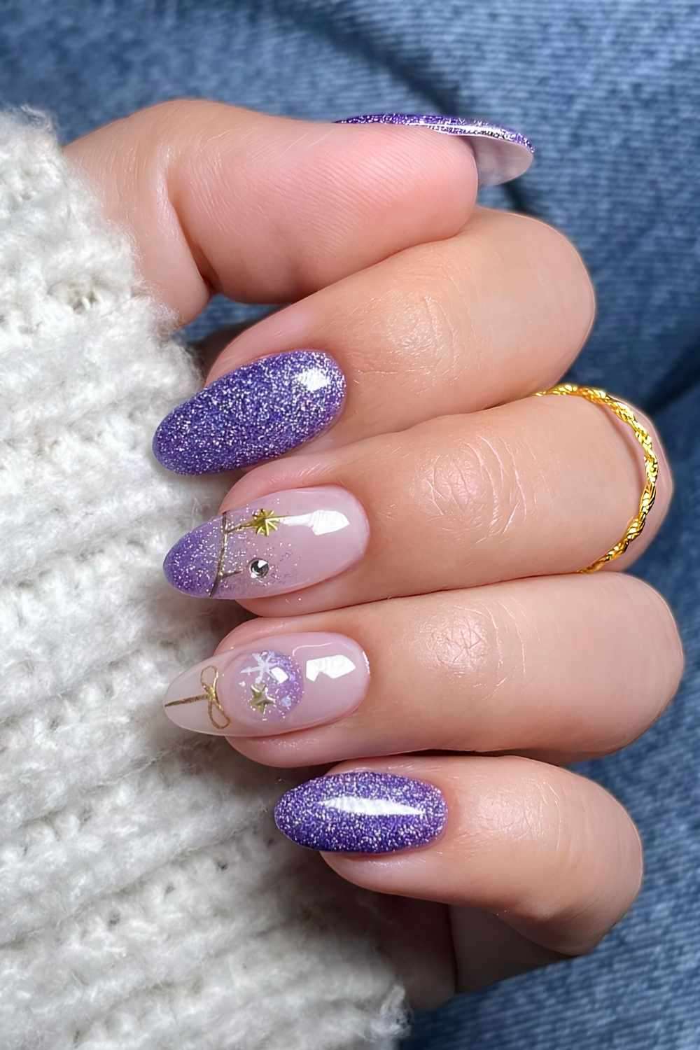 Purple Glitter Gold Christmas Nails
