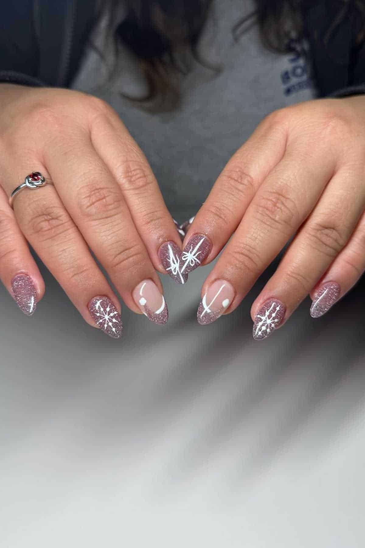 Purple Glitter Snowflake Almond Nails